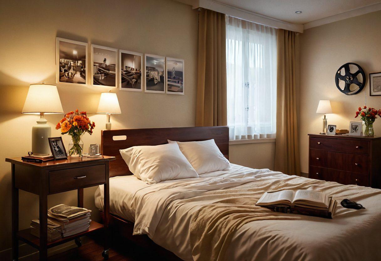 A serene hospital room blending elements of both cinematic blockbusters and personal stories. The foreground features a patient reading a book surrounded by film reels, while the background includes a cozy bedside table with a flower vase and treatment options displayed artistically. Soft lighting creates an inviting atmosphere, symbolizing hope and care. super-realistic. warm colors. cinematic style.