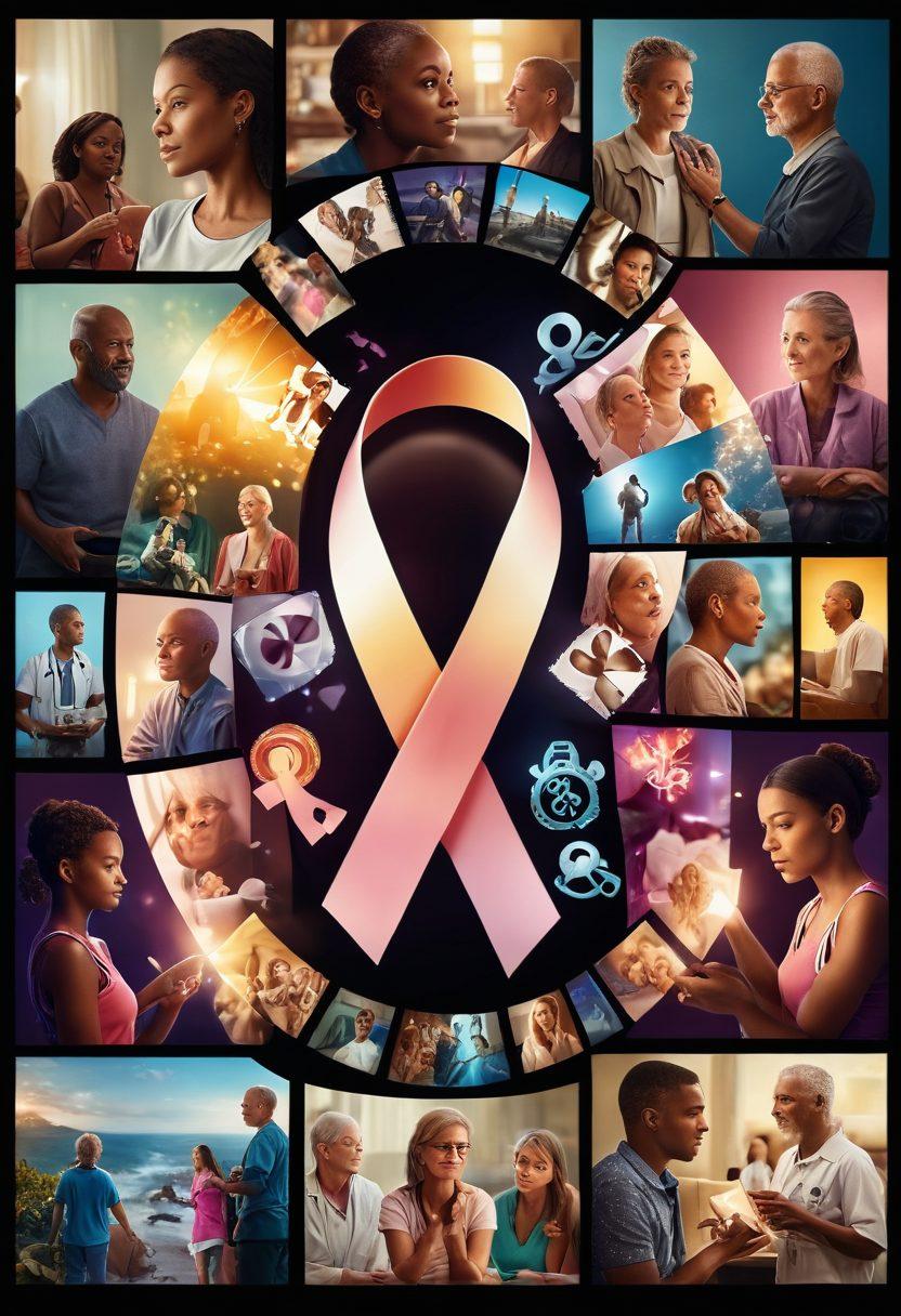 A cinematic collage blending film reels, a cancer ribbon, and healthcare symbols, illuminated by a warm spotlight. In the background, diverse people watching a movie with expressions of hope and resilience. Include elements of film, wellness, and community support, creating an inspiring and uplifting atmosphere. vibrant colors. super-realistic. cinematic style.