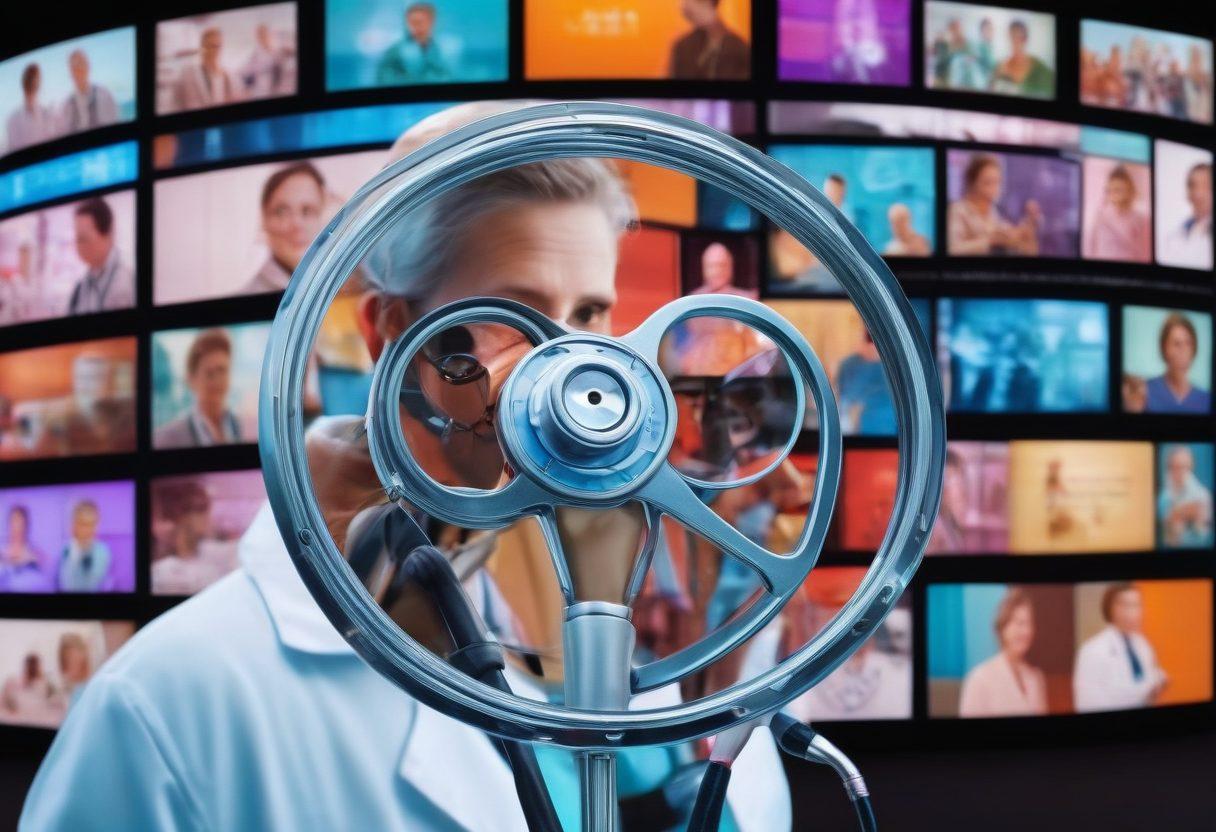 A captivating collage featuring a film reel intertwined with a stethoscope, symbolizing the blend of cinema and healthcare. In the background, a vibrant cinema screen displays scenes of doctors and patients engaged in uplifting conversations, with imagery representing oncology education. The atmosphere is warm and inviting, promoting a sense of hope and knowledge. super-realistic. vibrant colors. 3D.